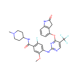 COc1cc(C(=O)NC2CCN(C)CC2)c(F)cc1Nc1ncc(C(F)(F)F)c(Oc2cccc3c2CC(=O)N3)n1 ZINC000148456712