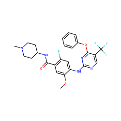 COc1cc(C(=O)NC2CCN(C)CC2)c(F)cc1Nc1ncc(C(F)(F)F)c(Oc2ccccc2)n1 ZINC000148439403