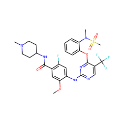 COc1cc(C(=O)NC2CCN(C)CC2)c(F)cc1Nc1ncc(C(F)(F)F)c(Oc2ccccc2N(C)S(C)(=O)=O)n1 ZINC000138528350