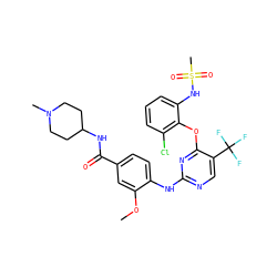 COc1cc(C(=O)NC2CCN(C)CC2)ccc1Nc1ncc(C(F)(F)F)c(Oc2c(Cl)cccc2NS(C)(=O)=O)n1 ZINC000169703986