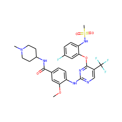 COc1cc(C(=O)NC2CCN(C)CC2)ccc1Nc1ncc(C(F)(F)F)c(Oc2cc(F)ccc2NS(C)(=O)=O)n1 ZINC000138528471