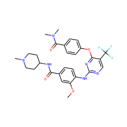 COc1cc(C(=O)NC2CCN(C)CC2)ccc1Nc1ncc(C(F)(F)F)c(Oc2ccc(C(=O)N(C)C)cc2)n1 ZINC000148452160