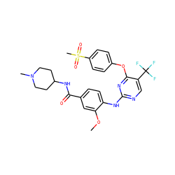 COc1cc(C(=O)NC2CCN(C)CC2)ccc1Nc1ncc(C(F)(F)F)c(Oc2ccc(S(C)(=O)=O)cc2)n1 ZINC000148443549
