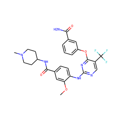 COc1cc(C(=O)NC2CCN(C)CC2)ccc1Nc1ncc(C(F)(F)F)c(Oc2cccc(C(N)=O)c2)n1 ZINC000138498414