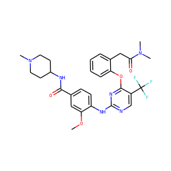 COc1cc(C(=O)NC2CCN(C)CC2)ccc1Nc1ncc(C(F)(F)F)c(Oc2ccccc2CC(=O)N(C)C)n1 ZINC000148443317