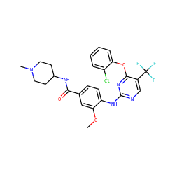 COc1cc(C(=O)NC2CCN(C)CC2)ccc1Nc1ncc(C(F)(F)F)c(Oc2ccccc2Cl)n1 ZINC000148441555