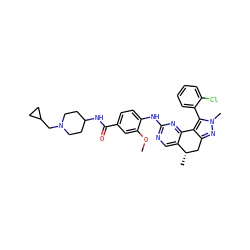 COc1cc(C(=O)NC2CCN(CC3CC3)CC2)ccc1Nc1ncc2c(n1)-c1c(nn(C)c1-c1ccccc1Cl)C[C@@H]2C ZINC000169702408