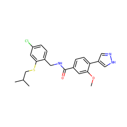 COc1cc(C(=O)NCc2ccc(Cl)cc2SCC(C)C)ccc1-c1cn[nH]c1 ZINC000213996811