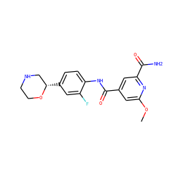 COc1cc(C(=O)Nc2ccc([C@H]3CNCCO3)cc2F)cc(C(N)=O)n1 ZINC000149938689
