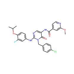 COc1cc(C(=O)Nc2cnc(Nc3ccc(OC(C)C)c(F)c3)n(Cc3ccc(Cl)cc3)c2=O)ccn1 ZINC000219571544