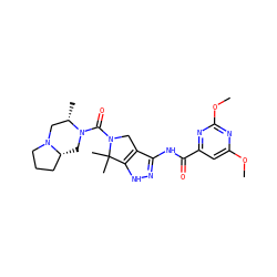 COc1cc(C(=O)Nc2n[nH]c3c2CN(C(=O)N2C[C@@H]4CCCN4C[C@@H]2C)C3(C)C)nc(OC)n1 ZINC000114181194