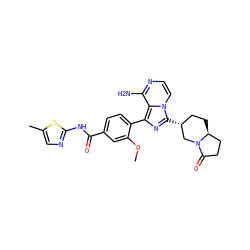 COc1cc(C(=O)Nc2ncc(C)s2)ccc1-c1nc([C@@H]2CC[C@H]3CCC(=O)N3C2)n2ccnc(N)c12 ZINC000145583630