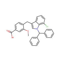 COc1cc(C(=O)O)ccc1Cc1cn(C(c2ccccc2)c2ccccc2)c2c(Cl)cccc12 ZINC000013588154