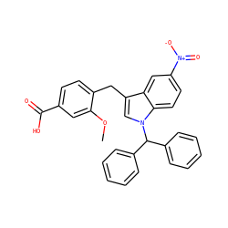 COc1cc(C(=O)O)ccc1Cc1cn(C(c2ccccc2)c2ccccc2)c2ccc([N+](=O)[O-])cc12 ZINC000013588145