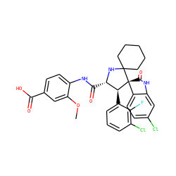 COc1cc(C(=O)O)ccc1NC(=O)[C@@H]1NC2(CCCCC2)[C@@]2(C(=O)Nc3cc(Cl)ccc32)[C@H]1c1cccc(Cl)c1F ZINC000169700259