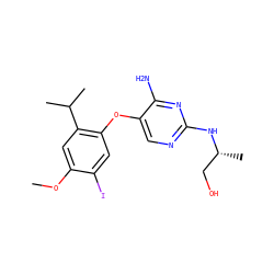 COc1cc(C(C)C)c(Oc2cnc(N[C@H](C)CO)nc2N)cc1I ZINC000040952937