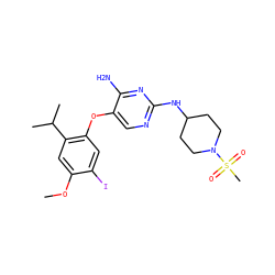 COc1cc(C(C)C)c(Oc2cnc(NC3CCN(S(C)(=O)=O)CC3)nc2N)cc1I ZINC000049878275