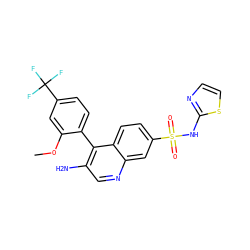 COc1cc(C(F)(F)F)ccc1-c1c(N)cnc2cc(S(=O)(=O)Nc3nccs3)ccc12 ZINC000215507450
