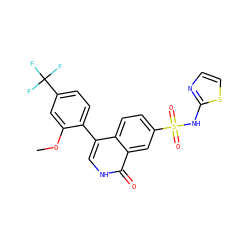 COc1cc(C(F)(F)F)ccc1-c1c[nH]c(=O)c2cc(S(=O)(=O)Nc3nccs3)ccc12 ZINC000215525092