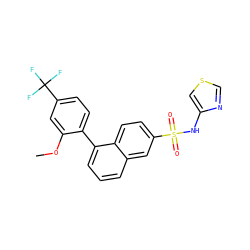 COc1cc(C(F)(F)F)ccc1-c1cccc2cc(S(=O)(=O)Nc3cscn3)ccc12 ZINC001772577364
