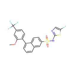 COc1cc(C(F)(F)F)ccc1-c1cccc2cc(S(=O)(=O)Nc3ncc(F)s3)ccc12 ZINC000225065830