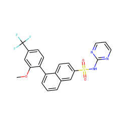 COc1cc(C(F)(F)F)ccc1-c1cccc2cc(S(=O)(=O)Nc3ncccn3)ccc12 ZINC001772608457