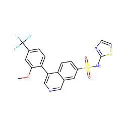 COc1cc(C(F)(F)F)ccc1-c1cncc2cc(S(=O)(=O)Nc3nccs3)ccc12 ZINC000215507524
