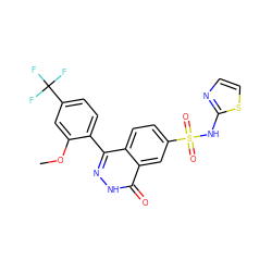 COc1cc(C(F)(F)F)ccc1-c1n[nH]c(=O)c2cc(S(=O)(=O)Nc3nccs3)ccc12 ZINC000215508405