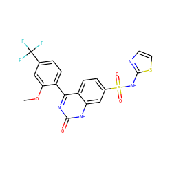 COc1cc(C(F)(F)F)ccc1-c1nc(=O)[nH]c2cc(S(=O)(=O)Nc3nccs3)ccc12 ZINC000215524753