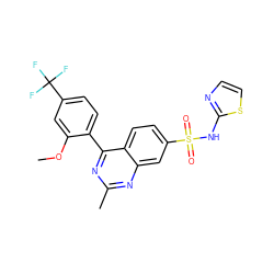COc1cc(C(F)(F)F)ccc1-c1nc(C)nc2cc(S(=O)(=O)Nc3nccs3)ccc12 ZINC000215521342