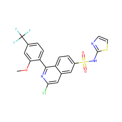 COc1cc(C(F)(F)F)ccc1-c1nc(Cl)cc2cc(S(=O)(=O)Nc3nccs3)ccc12 ZINC000215503623