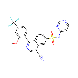 COc1cc(C(F)(F)F)ccc1-c1ncc(C#N)c2cc(S(=O)(=O)Nc3ccncn3)ccc12 ZINC000215505189