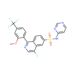 COc1cc(C(F)(F)F)ccc1-c1ncc(F)c2cc(S(=O)(=O)Nc3ccncn3)ccc12 ZINC000215503359