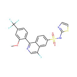 COc1cc(C(F)(F)F)ccc1-c1ncc(F)c2cc(S(=O)(=O)Nc3nccs3)ccc12 ZINC000225046880
