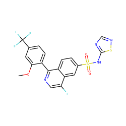COc1cc(C(F)(F)F)ccc1-c1ncc(F)c2cc(S(=O)(=O)Nc3ncns3)ccc12 ZINC000215516036