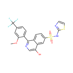 COc1cc(C(F)(F)F)ccc1-c1ncc(O)c2cc(S(=O)(=O)Nc3nccs3)ccc12 ZINC000215504637