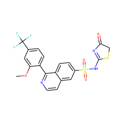 COc1cc(C(F)(F)F)ccc1-c1nccc2cc(S(=O)(=O)NC3=NC(=O)CS3)ccc12 ZINC000225060185