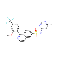 COc1cc(C(F)(F)F)ccc1-c1nccc2cc(S(=O)(=O)Nc3cc(C)ncn3)ccc12 ZINC000206105587