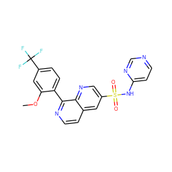 COc1cc(C(F)(F)F)ccc1-c1nccc2cc(S(=O)(=O)Nc3ccncn3)cnc12 ZINC000215507874
