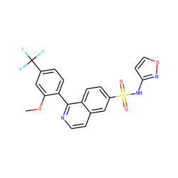 COc1cc(C(F)(F)F)ccc1-c1nccc2cc(S(=O)(=O)Nc3ccon3)ccc12 ZINC000218619663