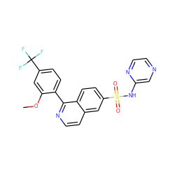 COc1cc(C(F)(F)F)ccc1-c1nccc2cc(S(=O)(=O)Nc3cnccn3)ccc12 ZINC000206105559