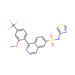 COc1cc(C(F)(F)F)ccc1-c1nccc2cc(S(=O)(=O)Nc3cscn3)ccc12 ZINC000215519646