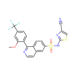 COc1cc(C(F)(F)F)ccc1-c1nccc2cc(S(=O)(=O)Nc3nc(C#N)cs3)ccc12 ZINC000225115367