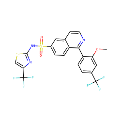 COc1cc(C(F)(F)F)ccc1-c1nccc2cc(S(=O)(=O)Nc3nc(C(F)(F)F)cs3)ccc12 ZINC000225053835
