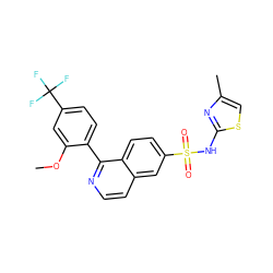 COc1cc(C(F)(F)F)ccc1-c1nccc2cc(S(=O)(=O)Nc3nc(C)cs3)ccc12 ZINC000225063810