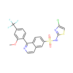 COc1cc(C(F)(F)F)ccc1-c1nccc2cc(S(=O)(=O)Nc3nc(Cl)cs3)ccc12 ZINC000225093152
