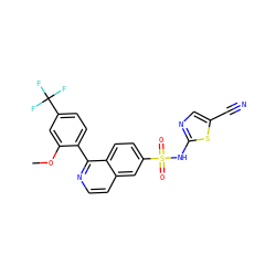 COc1cc(C(F)(F)F)ccc1-c1nccc2cc(S(=O)(=O)Nc3ncc(C#N)s3)ccc12 ZINC000225116712
