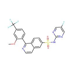 COc1cc(C(F)(F)F)ccc1-c1nccc2cc(S(=O)(=O)Nc3ncc(F)cn3)ccc12 ZINC000218628654