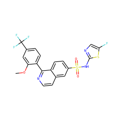 COc1cc(C(F)(F)F)ccc1-c1nccc2cc(S(=O)(=O)Nc3ncc(F)s3)ccc12 ZINC000225128876
