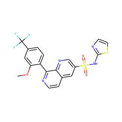 COc1cc(C(F)(F)F)ccc1-c1nccc2cc(S(=O)(=O)Nc3nccs3)cnc12 ZINC000225132651